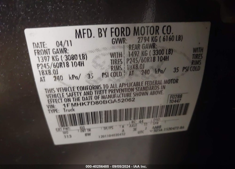 2011 FORD EXPLORER VIN: 1FMHK7D80BGA52062