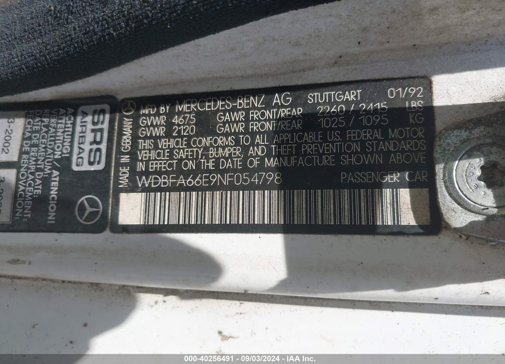 1992 MERCEDES-BENZ 500 SL VIN: WDBFA66E9NF054798