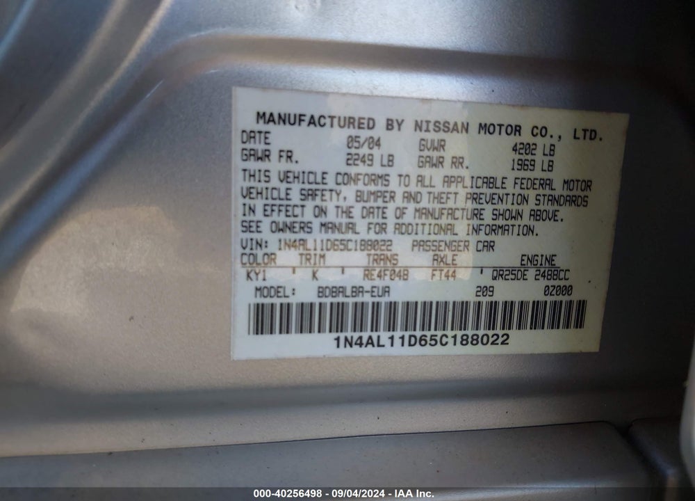 2005 NISSAN ALTIMA 2.5 S VIN: 1N4AL11D65C188022
