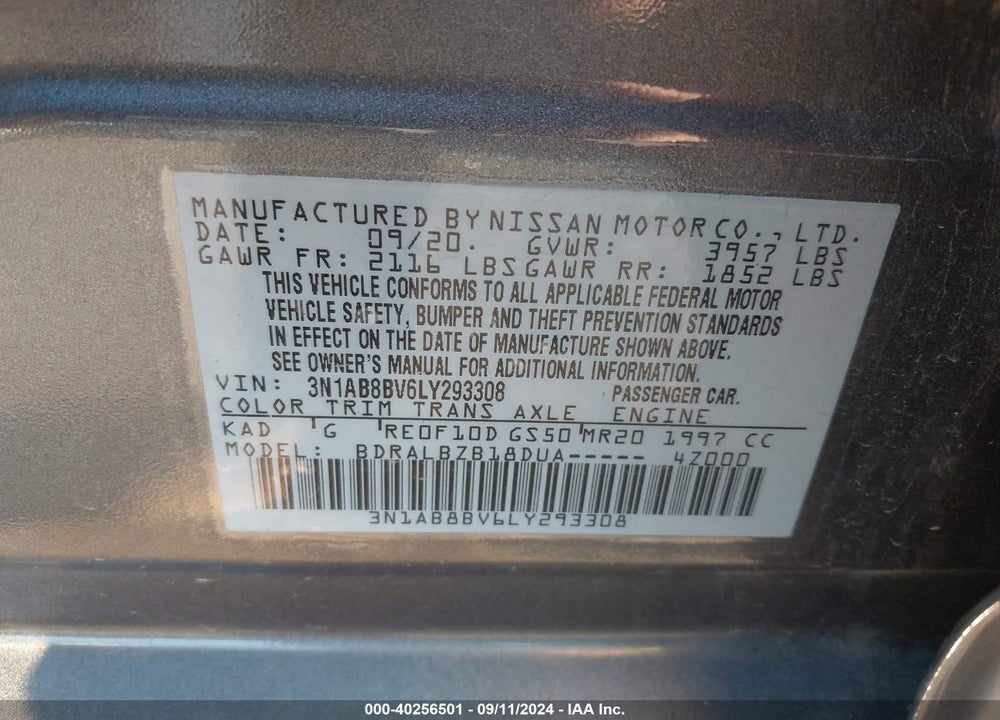 2020 NISSAN SENTRA S XTRONIC CVT VIN: 3N1AB8BV6LY293308