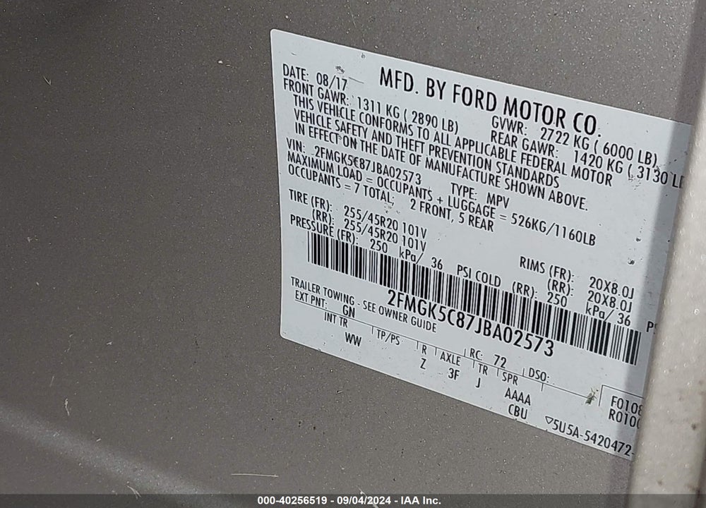 2018 FORD FLEX SEL VIN: 2FMGK5C87JBA02573