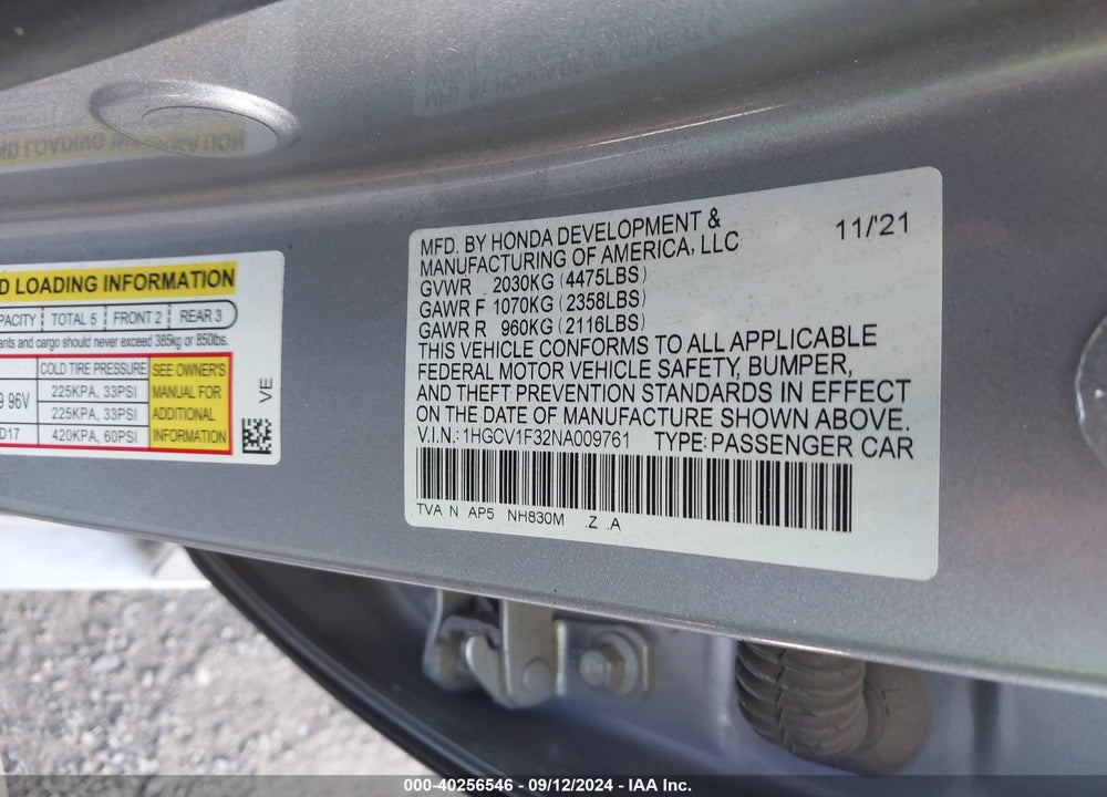 2022 HONDA ACCORD SPORT VIN: 1HGCV1F32NA009761
