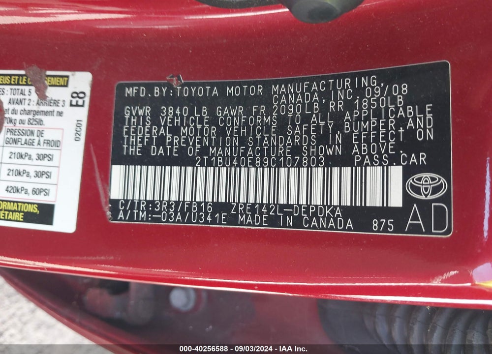 2009 TOYOTA COROLLA LE VIN: 2T1BU40E89C107803