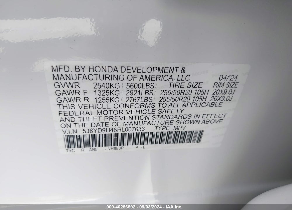 2024 ACURA MDX TECHNOLOGY PACKAGE VIN: 5J8YD9H46RL007633