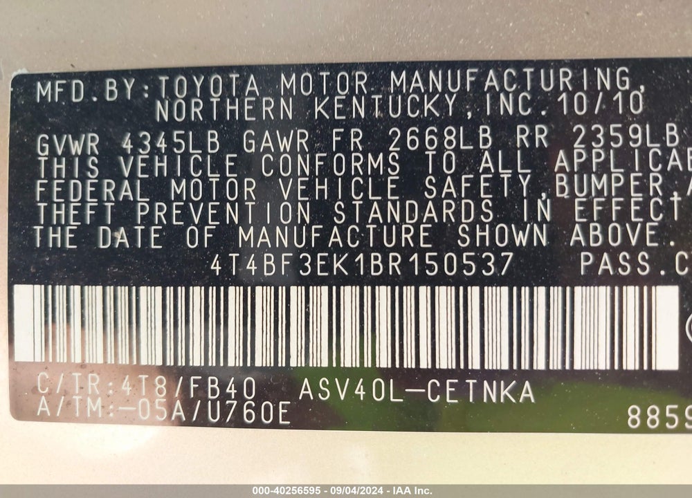2011 TOYOTA CAMRY LE VIN: 4T4BF3EK1BR150537