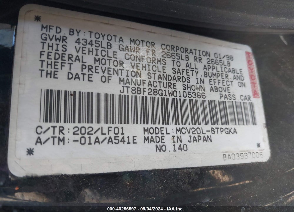 1998 LEXUS ES 300 VIN: JT8BF28G1W0105366