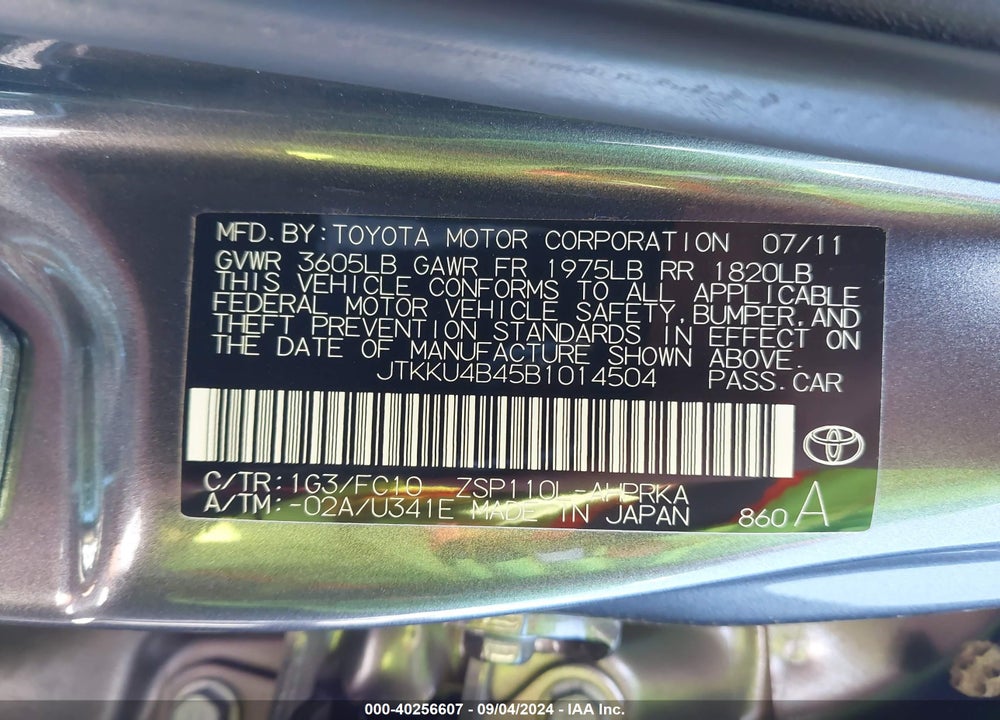 2011 SCION XD VIN: JTKKU4B45B1014504