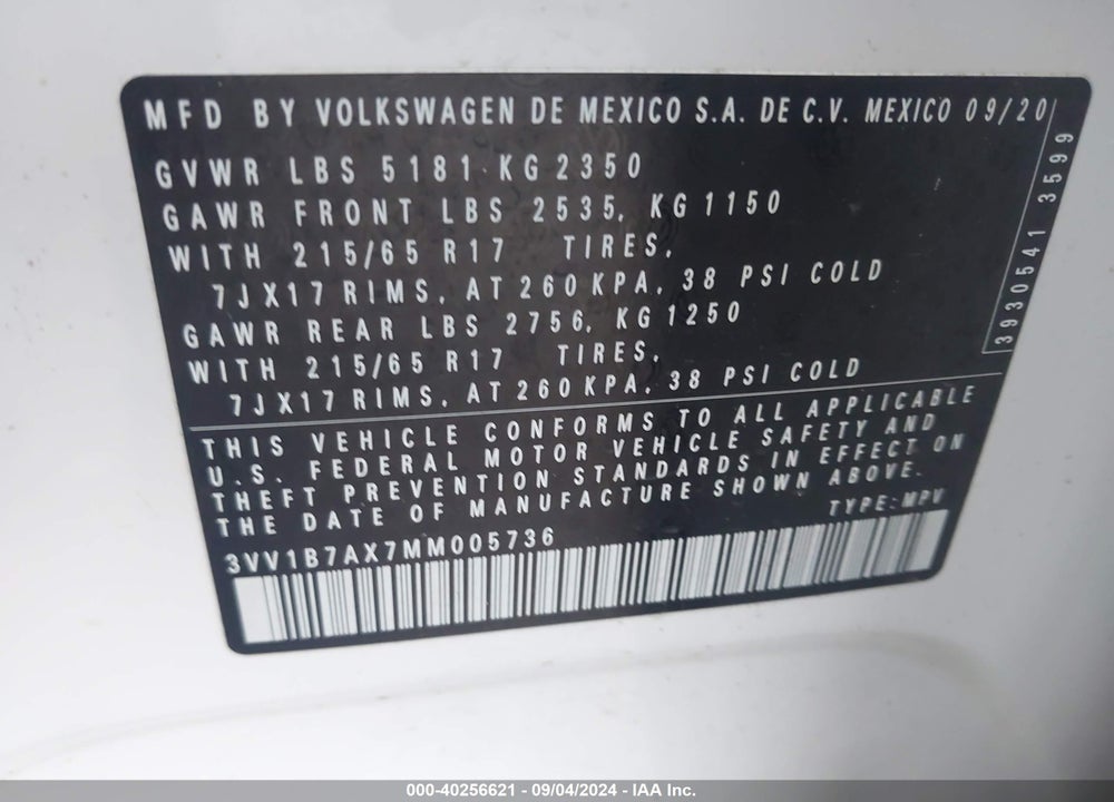 2021 VOLKSWAGEN TIGUAN 2.0T S VIN: 3VV1B7AX7MM005736