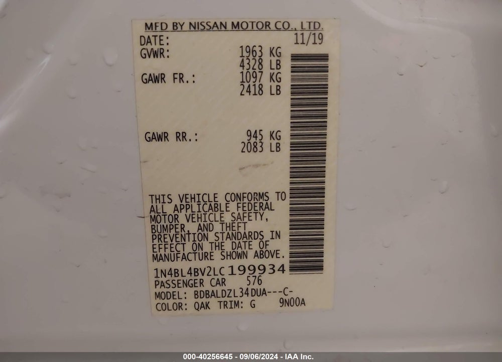 2020 NISSAN ALTIMA VIN: 1N4BL4BV2LC199934