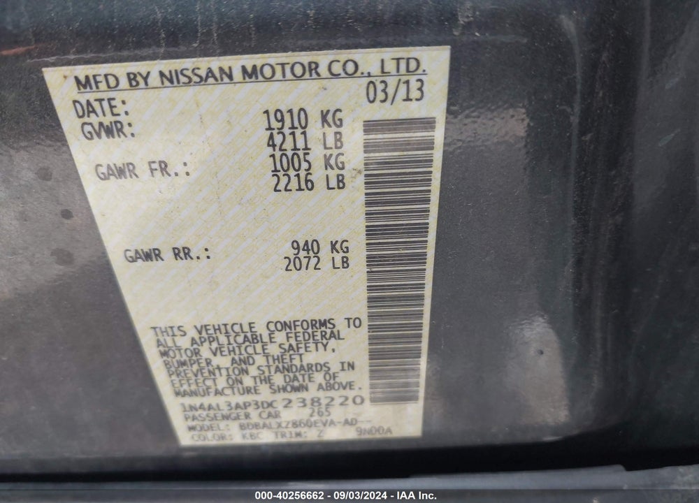 2013 NISSAN ALTIMA 2.5 SL VIN: 1N4AL3AP3DC238220