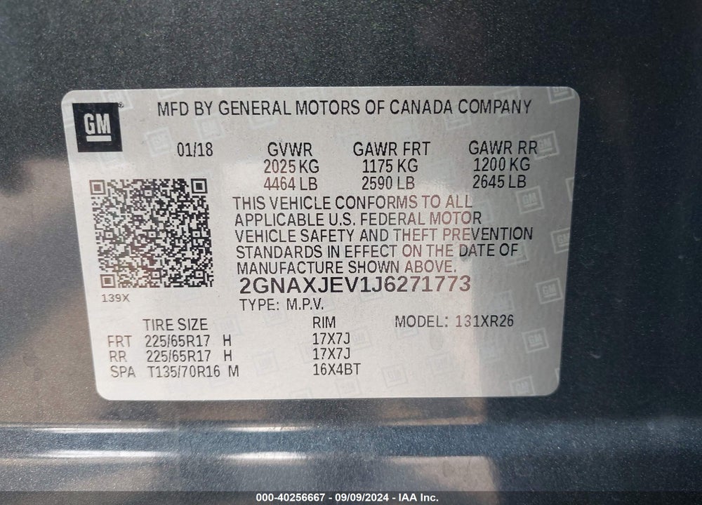 2018 CHEVROLET EQUINOX LT VIN: 2GNAXJEV1J6271773