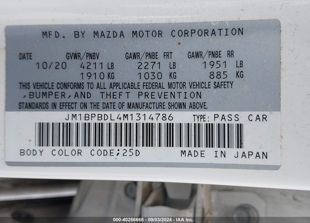 2021 MAZDA 3 PREMIUM VIN: JM1BPBDL4M1314786