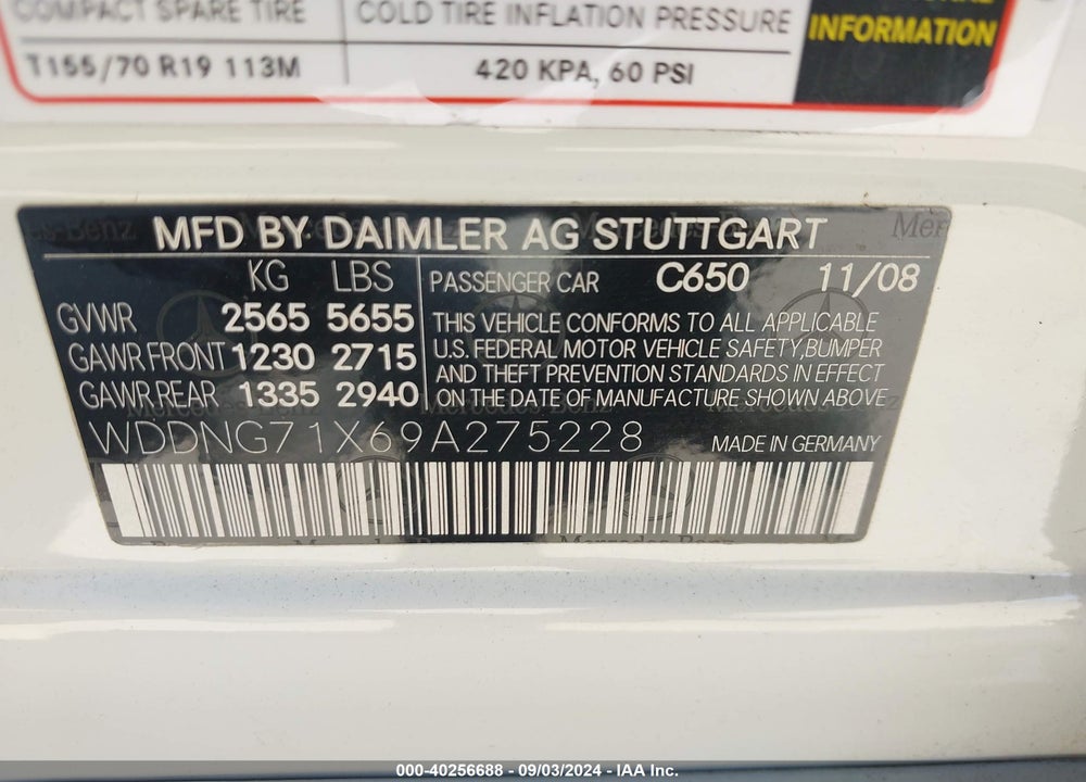 2009 MERCEDES-BENZ S 550 VIN: WDDNG71X69A275228