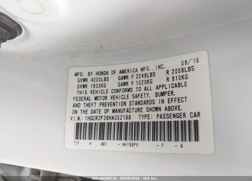 2017 HONDA ACCORD LX VIN: 1HGCR2F36HA052188