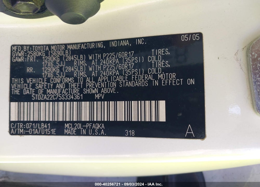 2005 TOYOTA SIENNA XLE LIMITED VIN: 5TDZA22C75S334361