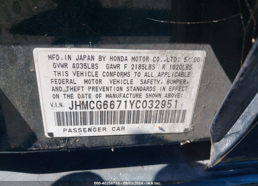 2000 HONDA ACCORD VIN: JHMCG6671YC032951