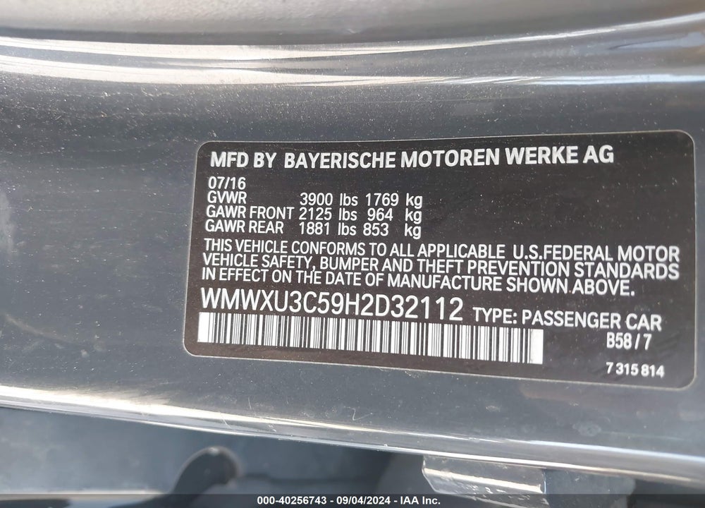 2017 MINI HARDTOP COOPER S VIN: WMWXU3C59H2D32112