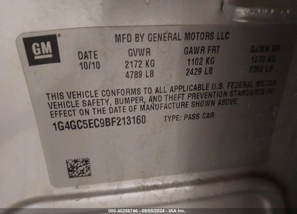 2011 BUICK LACROSSE CXL VIN: 1G4GC5EC9BF213160