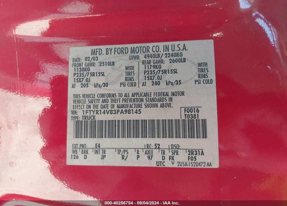 2003 FORD RANGER EDGE/TREMOR/XL/XLT VIN: 1FTYR14V83PA98145