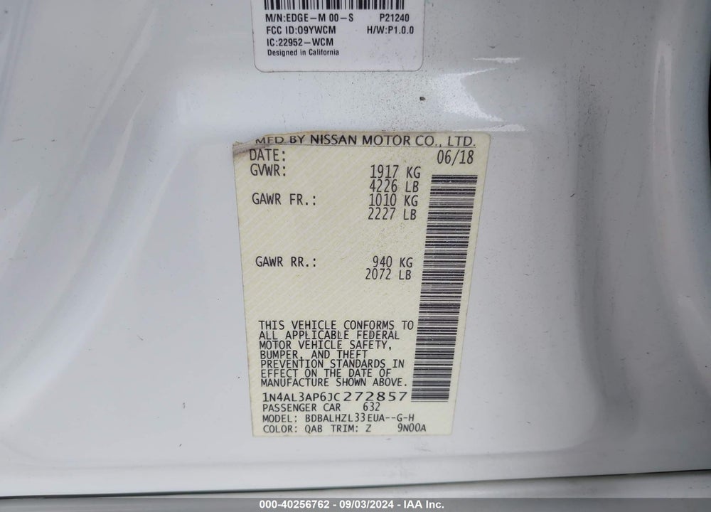 2018 NISSAN ALTIMA 2.5 SR VIN: 1N4AL3AP6JC272857