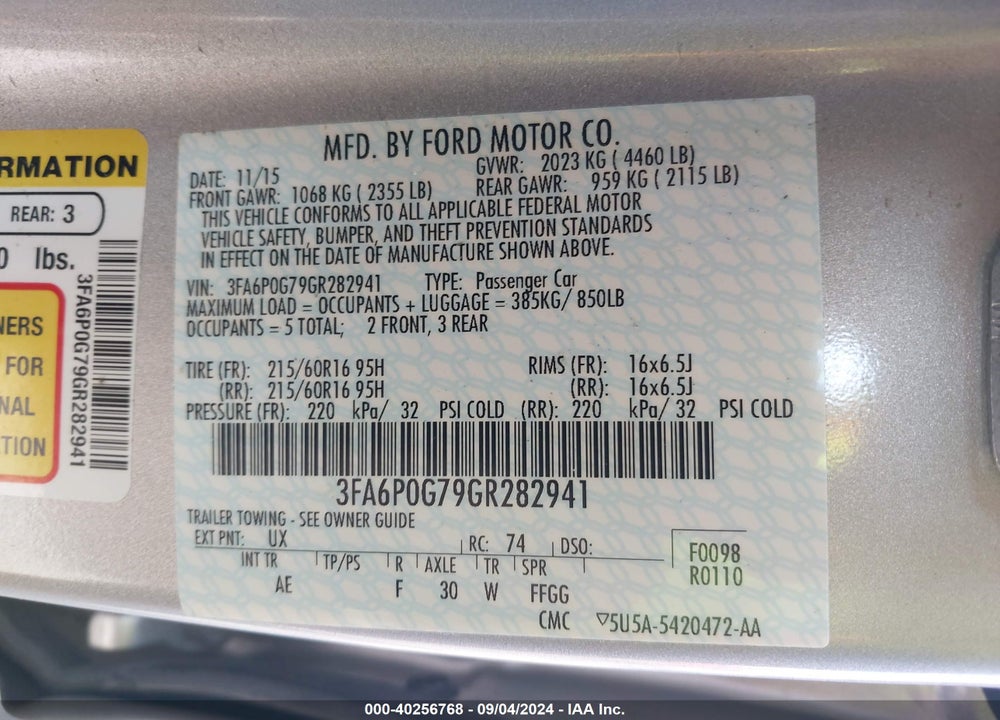 2016 FORD FUSION VIN: 3FA6P0G79GR282941