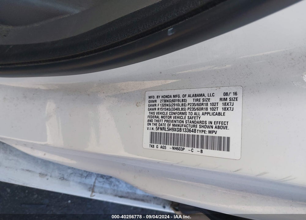 2016 HONDA ODYSSEY TOURING/TOURING ELITE VIN: 5FNRL5H9XGB133648