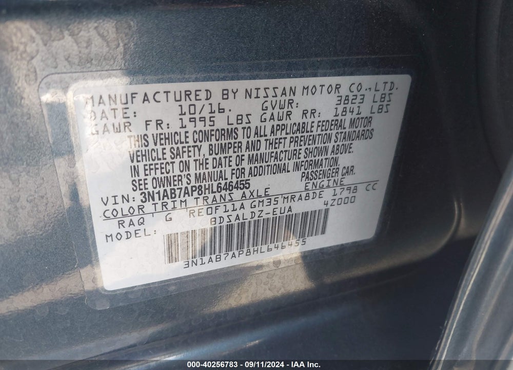 2017 NISSAN SENTRA SV VIN: 3N1AB7AP8HL646455
