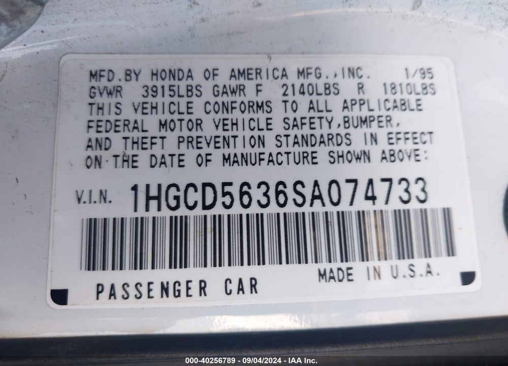 1995 HONDA ACCORD LX/EX VIN: 1HGCD5636SA074733