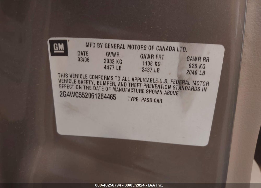 2006 BUICK LACROSSE CX VIN: 2G4WC552061264465