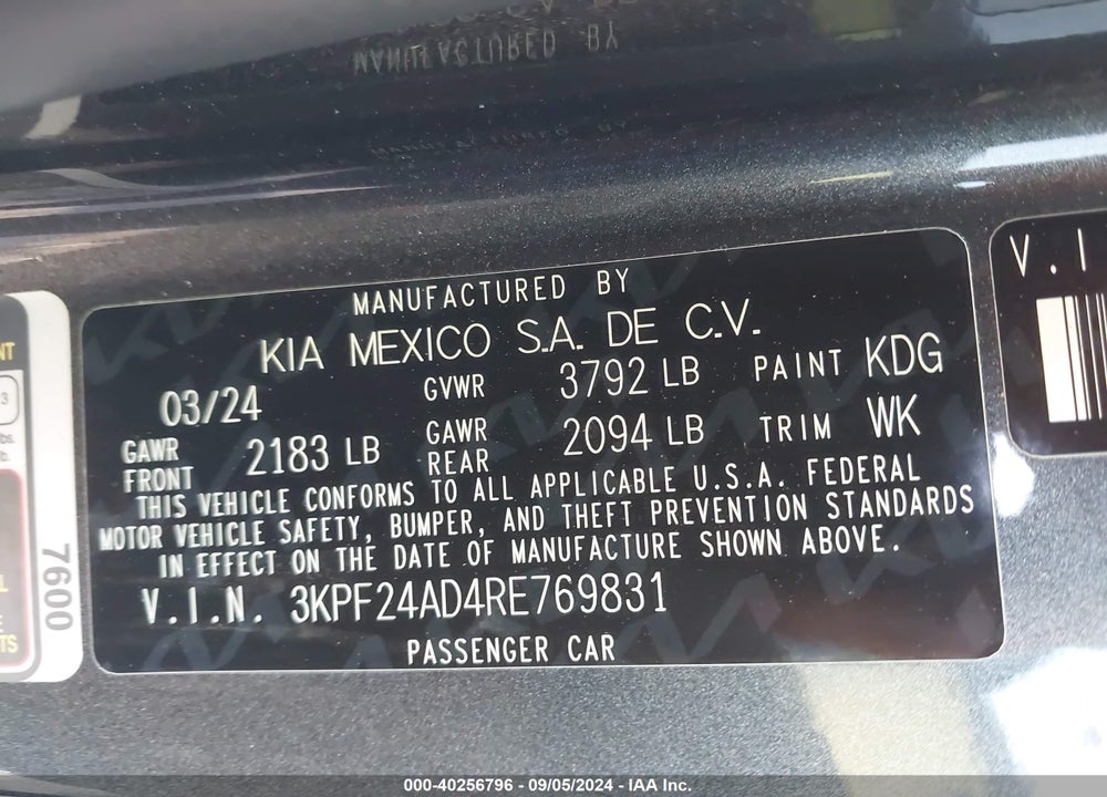 2024 KIA FORTE LX VIN: 3KPF24AD4RE769831