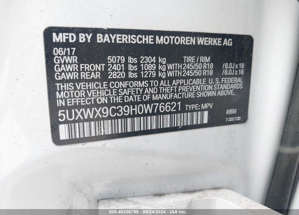 2017 BMW X3 XDRIVE28I VIN: 5UXWX9C39H0W76621
