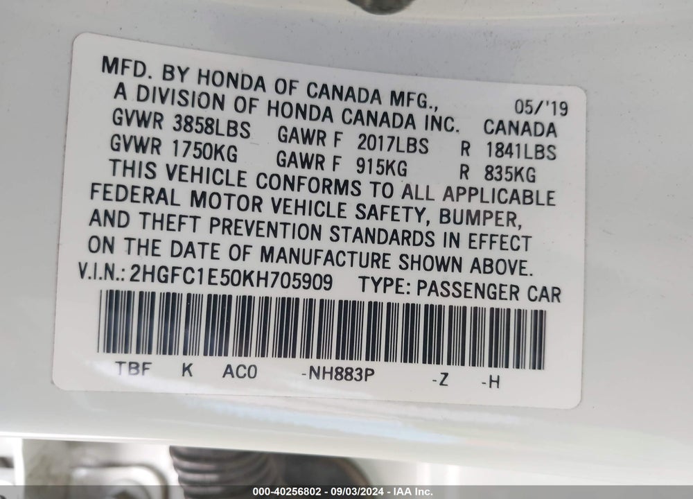 2019 HONDA CIVIC SI VIN: 2HGFC1E50KH705909
