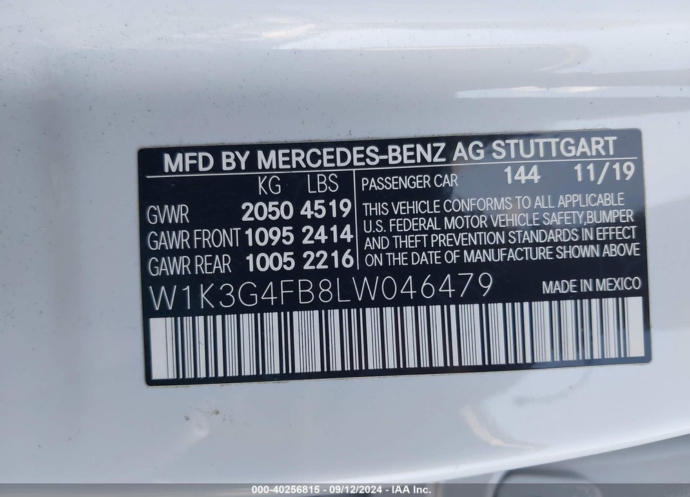 2020 MERCEDES-BENZ A 220 4MATIC VIN: W1K3G4FB8LW046479