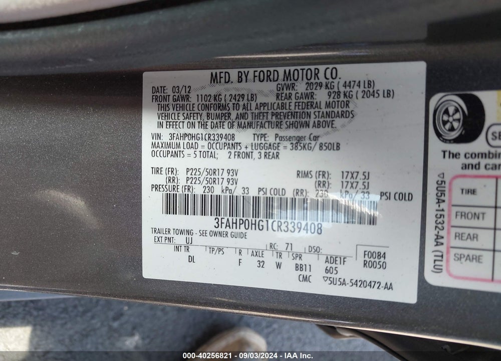 2012 FORD FUSION VIN: 3FAHP0HG1CR339408