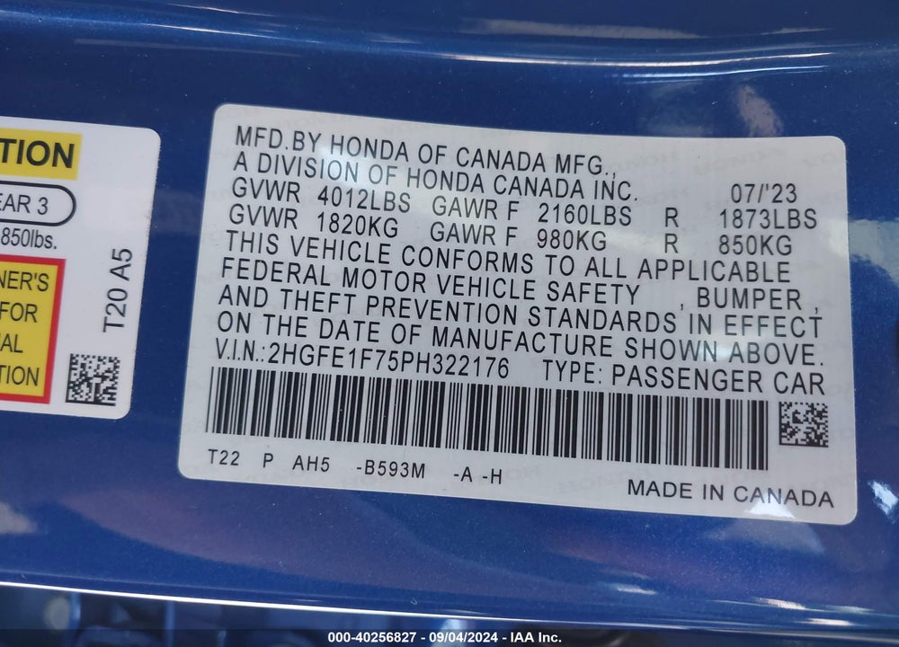 2023 HONDA CIVIC EX /EX W/O BSI VIN: 2HGFE1F75PH322176