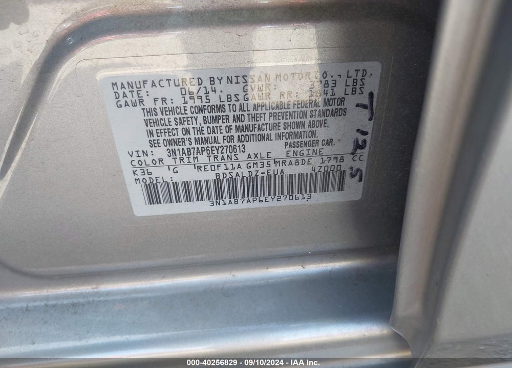 2014 NISSAN SENTRA FE+ S/FE+ SV/S/SL/SR/SV VIN: 3N1AB7AP6EY270613