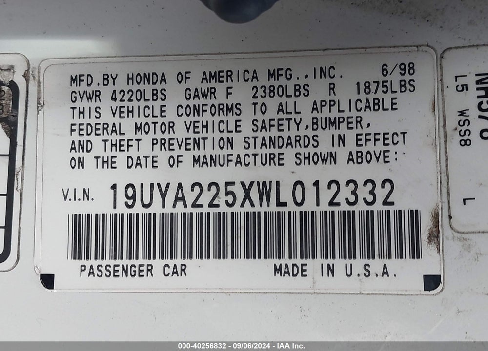 1998 ACURA CL 3.0 VIN: 19UYA225XWL012332