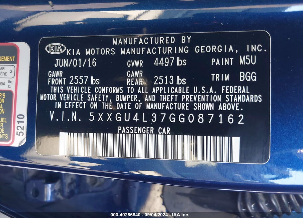2016 KIA OPTIMA EX VIN: 5XXGU4L37GG087162