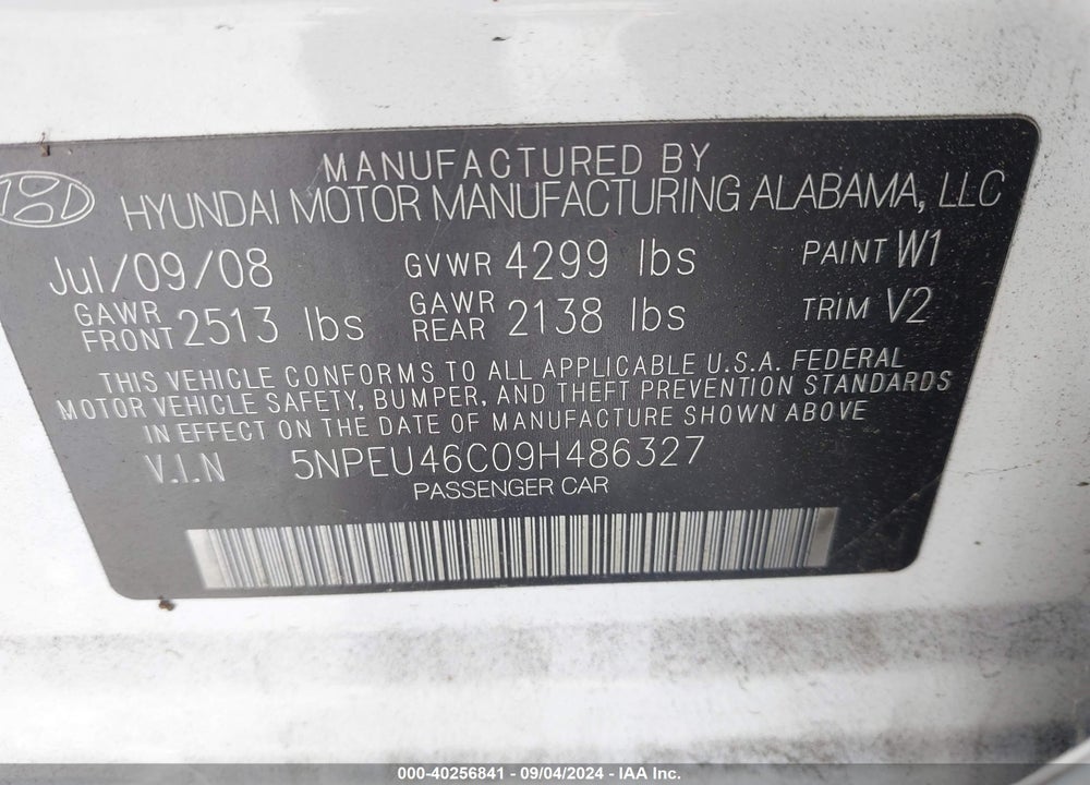 2009 HYUNDAI SONATA LIMITED VIN: 5NPEU46C09H486327