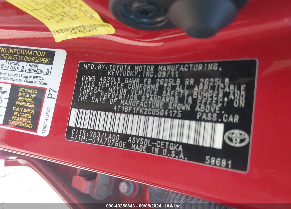 2012 TOYOTA CAMRY VIN: 4T1BF1FK2CU504175