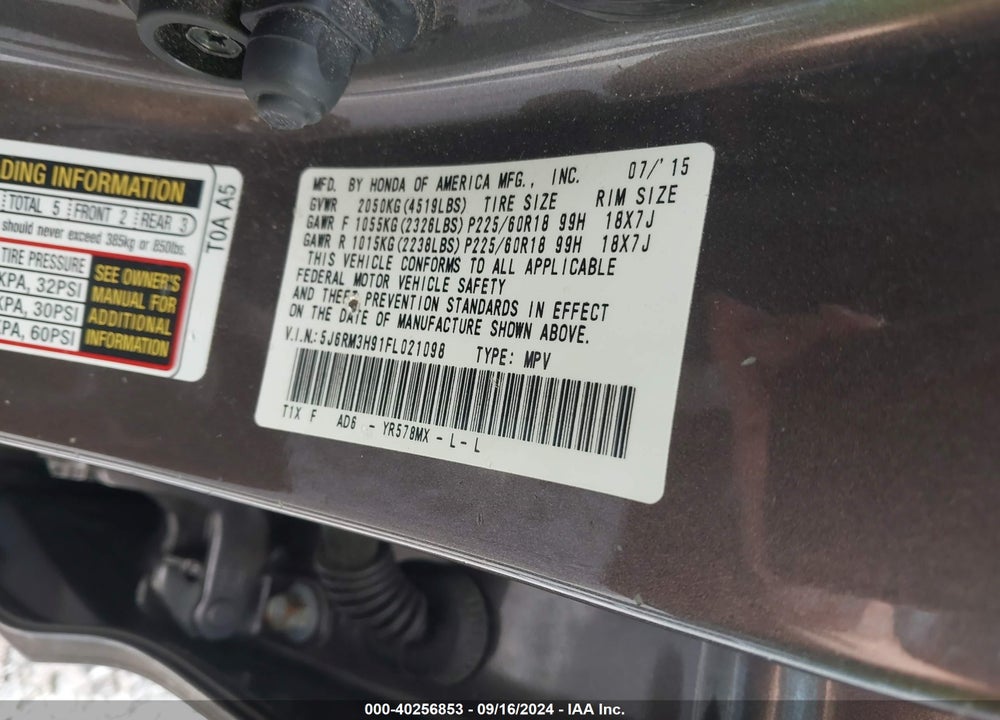2015 HONDA CR-V TOURING VIN: 5J6RM3H91FL021098