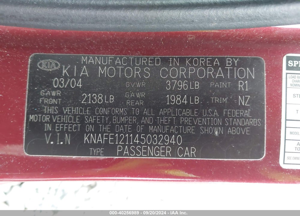 2004 KIA SPECTRA EX/LX VIN: KNAFE121145032940