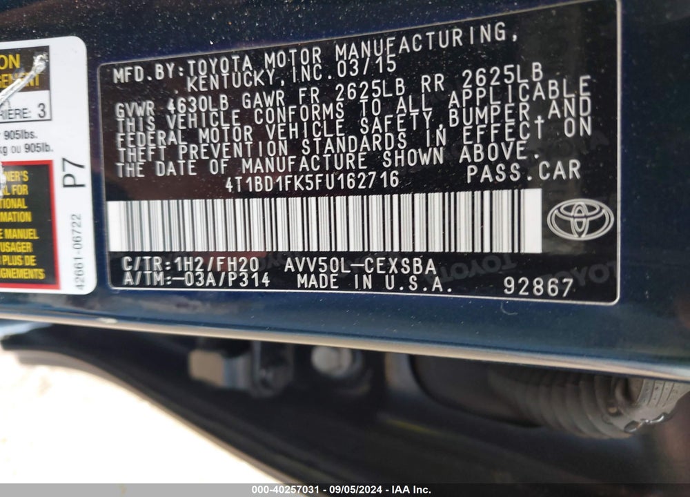 2015 TOYOTA CAMRY HYBRID SE VIN: 4T1BD1FK5FU162716