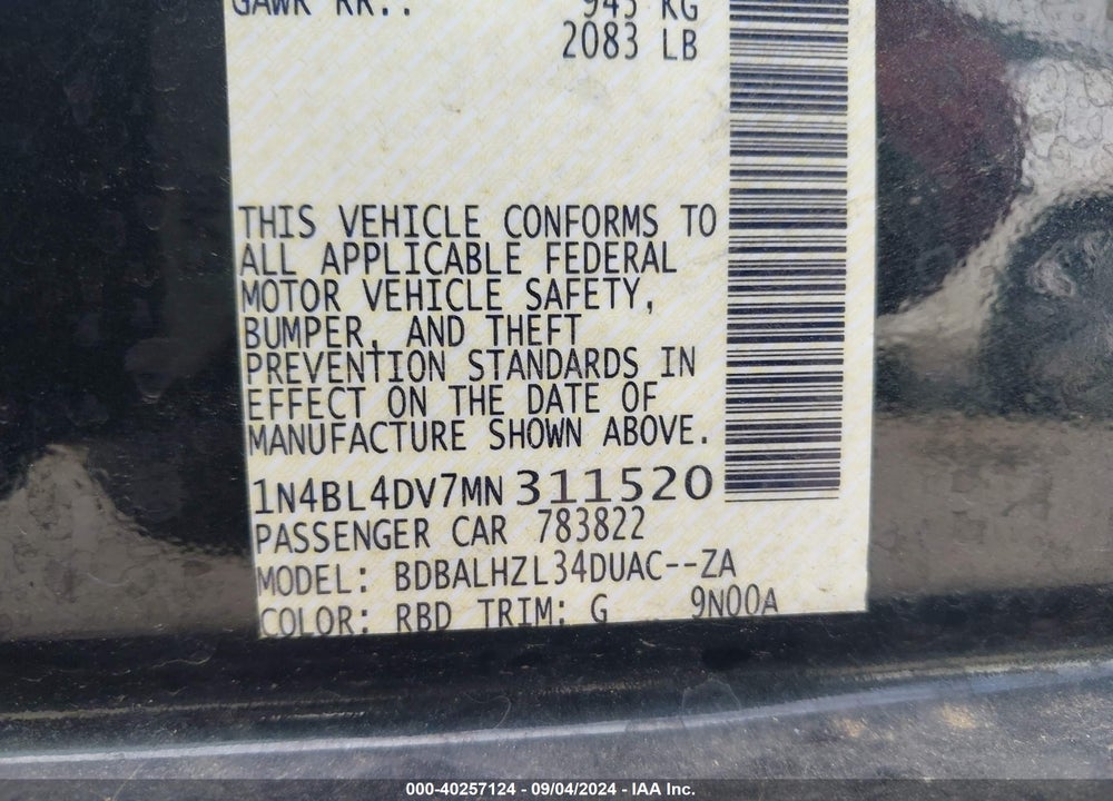 2021 NISSAN ALTIMA SV FWD VIN: 1N4BL4DV7MN311520