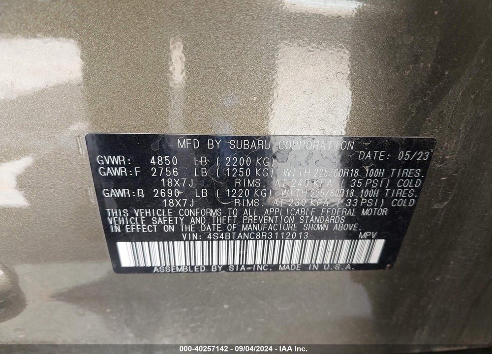 2024 SUBARU OUTBACK LIMITED VIN: 4S4BTANC8R3112013
