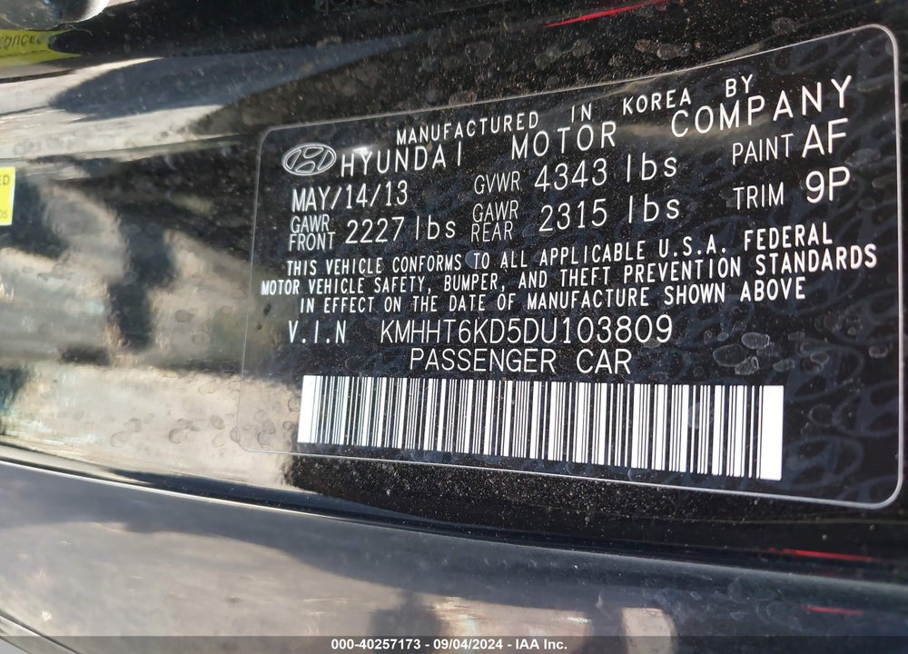 2013 HYUNDAI GENESIS 2.0T PREMIUM VIN: KMHHT6KD5DU103809
