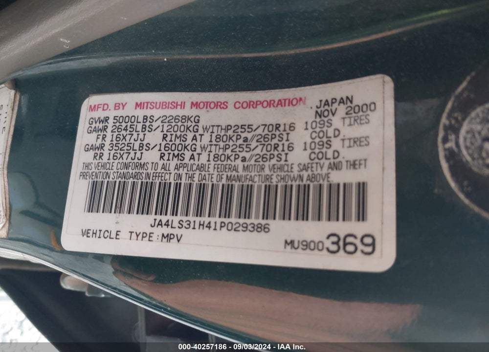 2001 MITSUBISHI MONTERO SPORT XLS VIN: JA4LS31H41P029386