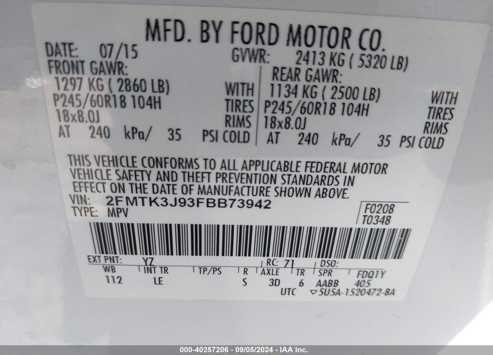 2015 FORD EDGE SEL VIN: 2FMTK3J93FBB73942