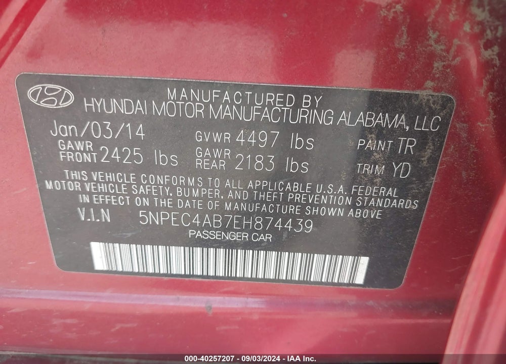 2014 HYUNDAI SONATA LIMITED 2.0T VIN: 5NPEC4AB7EH874439