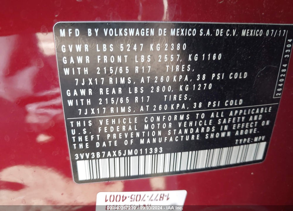 2018 VOLKSWAGEN TIGUAN 2.0T SE/2.0T SEL VIN: 3VV3B7AX5JM011393